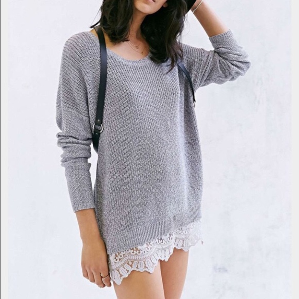 Grey Knit Sweater with Lace Trim